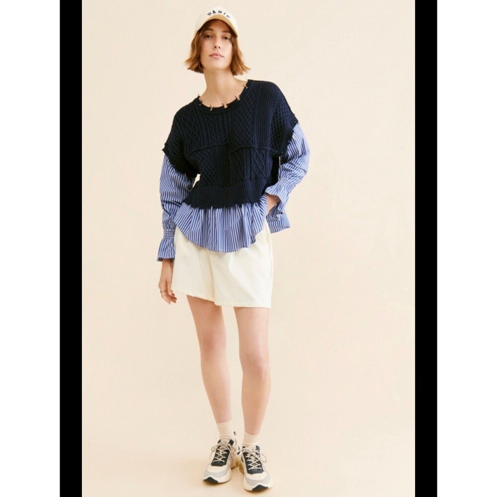Avantlook XS Layered Mixed Media Top Blue Knit Stripe Shirt NWT